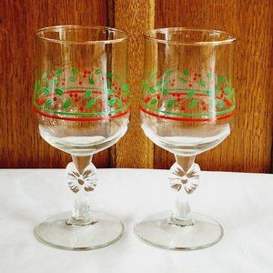 2) Arbys Christmas Bows & Holly Water Wine Glasses 6.5" gold rim 1980s bow stem